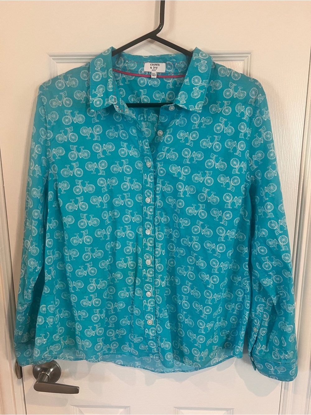 crown & ivy turquoise bicycle print button-up shirt
